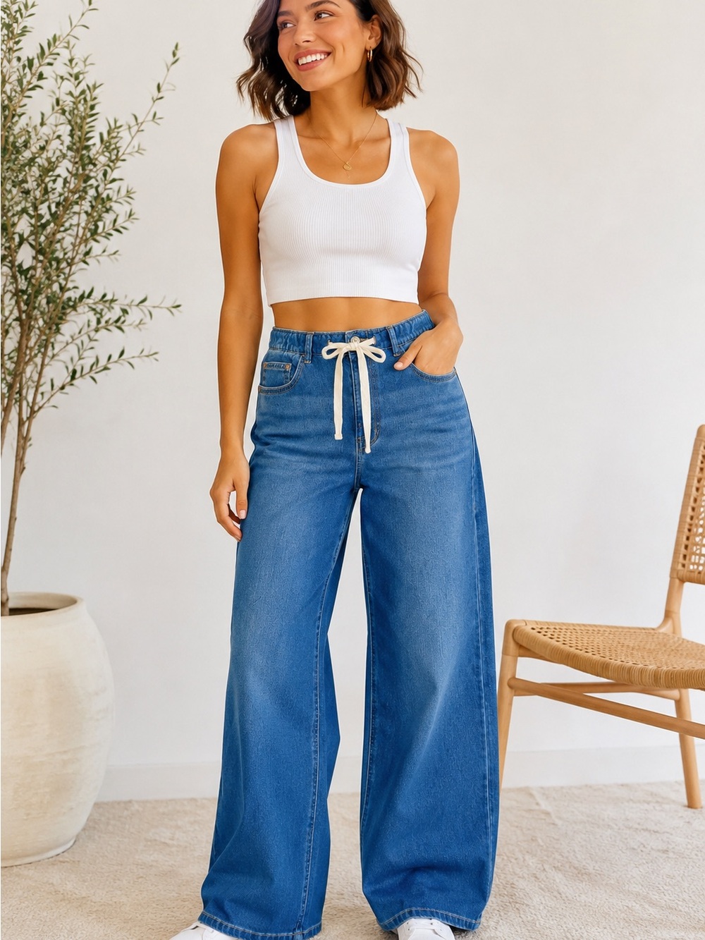 Nine West Women's Petite 8P Wide-Leg Medium Wash Blue Denim Stretch Jeans